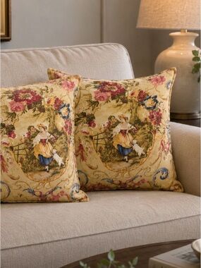 Toile Floral Accent set of two Pillows in Yellow